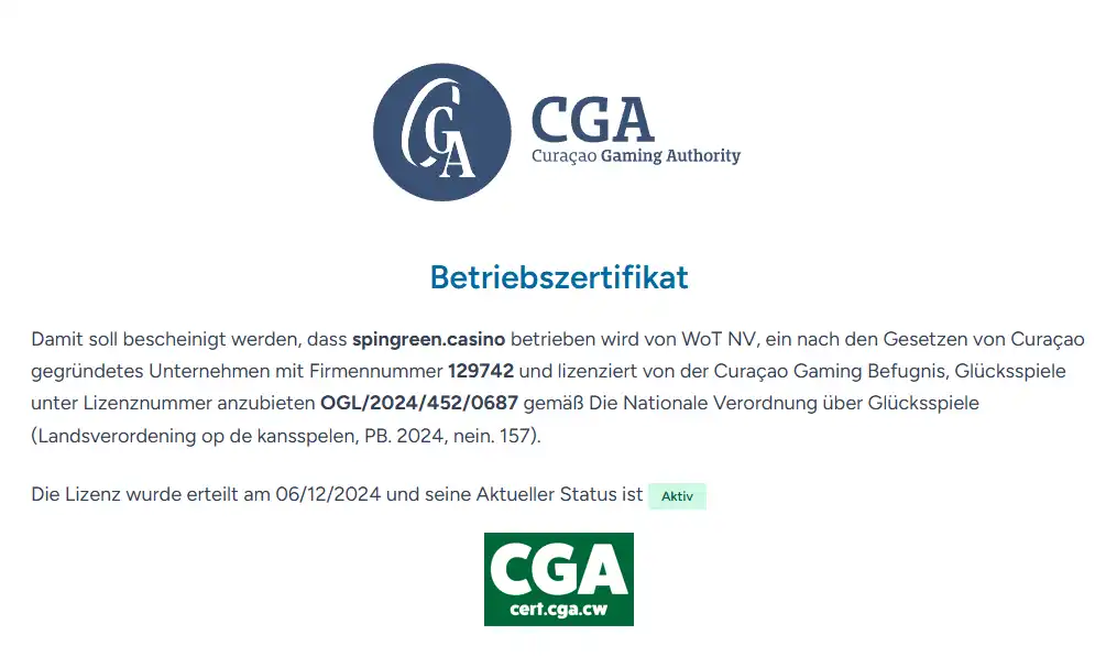 Zertifikat der Curaçao Gaming Authority für spingreen.casino mit Betreiber- und Lizenzangaben