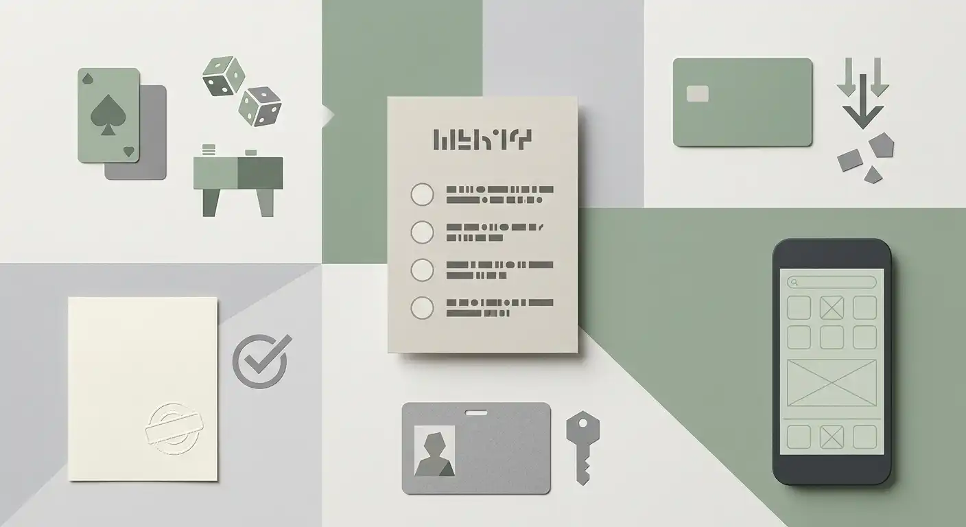 Illustrative Übersicht der Prüffelder Spiele, Zahlungen, Mobile, KYC und Lizenz