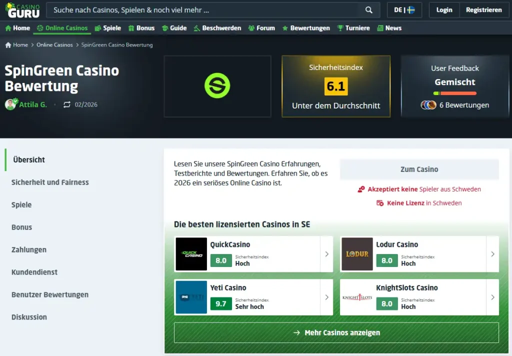Casino-Guru-Seite zu SpinGreen mit Bewertungs- und Beschwerdeinformationen