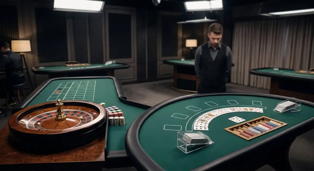 Neutrale Live-Casino-Szene mit Roulette-Tisch, Karten und Studio-Beleuchtung ohne Marken oder erkennbare Personen